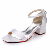 5 Cm Square Heel Sandals Shallow Mouth With Buckle Sandals Ivory White Silk Satin Cloth Bride White Sandals Woman HZ0115