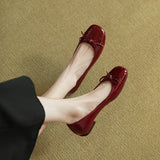 2025 Vintage Bow Patent Leather Bean Shoes Women Flat Summer Autumn Single Shoes Coarse Heel Wine Red HZ0115