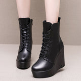 Round Head 12Cm High Slope And Waterproof Table Mid-Sleevel Boots With Side Zipper Women's Boots Pine Cake Plus Velvet Winter Warm Leather Boots HZ0115