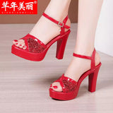 Red Fish Mouth Sandals Women's Summer New Leuky Waterproof Waterproof Thick-Soled Thick Heel Sandals Large-Size High-Heeled Sandals HZ0115
