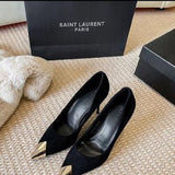 French Black High Heels Women In Spring 2025 New Design Small Metal Pointed Sexy Fine Heel Single Shoes HZ0115