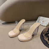 2025 Women's Summer New Wearing Transparent Word With High-Heeled Slippers Waterproof Table Crystal Thick Tape Large-Size Sandals HZ0115