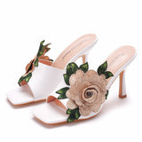 9 Cm Square Head High Heel Sandals Slippers Wine Glasses And Temperament Embroidered Flowers Women's Shoes White Fish Mouth Light Sandals HZ0115