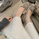 2025 Autumn And Winter New Wedding Shoes Water Drill Head Thick Heel Net Red Single Shoes Women's New French Plus Velvet Bean Shoes HZ0115