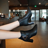 High-Heeled Women's Boots Korean Version Of Autumn And Winter New Pointed Short Barrel Metal Leather Buckle Decorative Side Zipper Coarse And Large Size Female Short Boots HZ0115