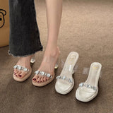 High-Heeled Women Wear 2025 Summer New French Thick Heel Water Drill Transparent Crystal Sandals Women Slippers Women Shoes HZ0115