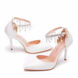 Thai Suzu Beads Large-Size High-Heeled Sandals Fine-Heeled Sandals White Pointed Shoes Female Wedding Wedding Bridal Sandals HZ0115
