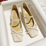 Temperament Rice White Bow Square Head Soft Leather Mary Jane Shoes 2025 Autumn And Winter New Word With Coarse Heel Single Shoes HZ0115