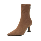 South Korea Pointed High And Short Boots Women Autumn And Winter 2025 New Zipper Velvet Fine And Bare Boots Elastic Thin Boots Socks Boots HZ0115