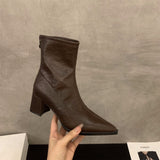 High Heel Thick-Heeled French Small Ankle Boots Women's Shoes 2025 Autumn And Winter Brown Plus Velvet Martin Boots Thin Short Boots HZ0115