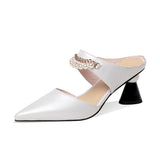 Fashion Women's Shoes 2025 New Fashion Coarse Sandals Pearl Chain Half-Bag Head Slippers High Heels Sandals Dragged White HZ0115