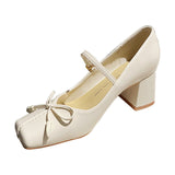 Temperament Rice White Bow Square Head Soft Leather Mary Jane Shoes 2025 Autumn And Winter New Word With Coarse Heel Single Shoes HZ0115