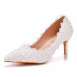 7 Cm Pointed Single Shoes Small Thin Heel Single Heel Single Shoe Tips Shoes Large Size Women's Shoes Lace Wedding Shoes Bridesmaid Shoes HZ0115