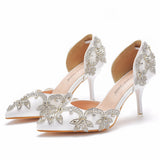 7 Cm Golden Water Diamond Wedding Shoes Fine Heel Pointed Sandals Hollow Two-Siped Sandals Banquet Crystal Wedding HZ0115