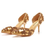 7 Cm Golden Water Diamond Wedding Shoes Fine Heel Pointed Sandals Hollow Two-Siped Sandals Banquet Crystal Wedding HZ0115