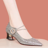 Mother Singles Women Fashion 2025 Spring And Autumn New Thick Heel High Heel High-Heeled Shoes Magic Buckle Water Drilling Wedding Shoes HZ0115
