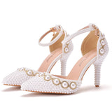 Large-Size High-Heeled Sandals With Beaded Bracelets With Water Drill Sandals White Real Wedding Shoes HZ0115