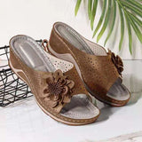 2025 Summer New Slope With Flower Fish Mouth Large-Size Slippers Car Sewing Hollow Women's Leisure Cold Slippers HZ0115