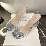 High-Heeled Women 2025 Summer New Transparent Crystal Waterproof Table Coarse Slippers With A Word To Wear Cold Drag Woman HZ0115