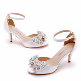7 Cm Water Drill Bow Bow Fish Mouth High Heel Sandals Silk Satin Cloth Shallow Buckle With Large-Size Round Head High Heels HZ0115