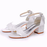 5 Cm Square Sandals Shallow Mouth With Coarse Sandals Horseshoes And White Lace Flowers Bride Wedding Shoes HZ0115