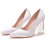 9 Cm Crystal Transparent Square Heel Pointy Shoes Bridal Shoes Silk Satin Dress Dress Shoes Wedding Women's Shoes HZ0115