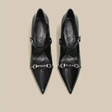 Naipa Black Temperament Word With Fine Heel High Heels Female Niche Design Metal Buckle Tip Light Mouth Single Shoe Woman HZ0115