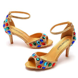 7 Cm Fish Mouth High Heel Sandals Shallow Mouth With Large-Size Round-Head High Heels Golden Water Drill Fine Sandals HZ0115
