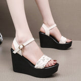 Slope Heel Thick-Soled Sandals Women Summer With A Word With Water Drill Weaving Mother Sandals Soft-Soled Pine Cake Beach Shoes HZ0115