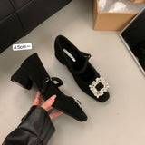 French Plus Plus Gray Mary Jane Hairy Shoes Women's Shoes 2025 Autumn And Winter Temperament High Heel Square Drill Single Shoes HZ0115