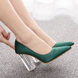 9 Cm Crystal Transparent Square Heel Pointy Shoes Bridal Shoes Silk Satin Dress Dress Shoes Wedding Women's Shoes HZ0115