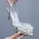 7 Cm Silver Light-Mouthed Pointed Sandals Water Drill Glass Fine Heel Sandals Large Wedding Shoes Bride Wedding Women's Shoes HZ0115