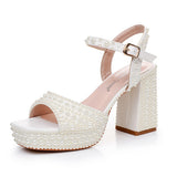 9 Cm Coarse Heel Fish Mouth Waterproof Table Sandals Round Head Square Sandals Side Sandals And Pearl Bridal Dress Shoes HZ0115