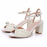 7 Cm Thick Heel Sandals Square Thick Heel Sandals White Wedding Dress Sandals Pearl Wedding Shoes Women HZ0115