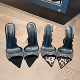 Cool Slippers Women 2025 New Summer Wearing High Heels Fine Tips Drill Leopard Prints High-End Dress HZ0115