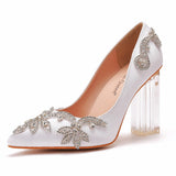 9 Cm Crystal Transparent Square Tip Single Shoe Bridal Shoes Silk Satin Cloth Diamond Skirt Shoes Wedding Shoes HZ0115