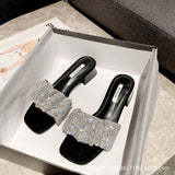 Water Drill Cool Slippers Women Wear 2025 Summer New Fashion Word Drag In The Toe And Coarse Woman Drag HZ0115