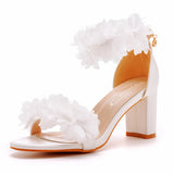 7 Cm Thick Heeled Light Mouth With Sandals Round Head Fish Mouth Flowers High Heel Sandals White Bride Wedding Shoes Woman HZ0115