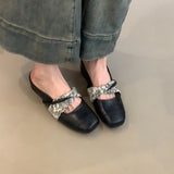 Vintage New Stroke Square Head Height Half Dragged Mary Jane Shoes Female Commuting Outside Wearing Bag Head Shoes HZ0115
