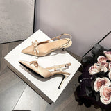 Spring And Summer 2025 New Naked Color Bows Fine Heels Women's Silk Satin Sharp Sandals French Temperament Single Shoes HZ0115