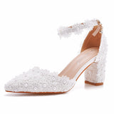 7 Cm White Lace Tip Hollow Women's Shoes Lace Wedding Dress Shoes Spring Coarse Square Root Tips Sandals HZ0115