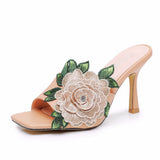 9 Cm Square Head High Heel Sandals Slippers Wine Glasses And Temperament Embroidered Flowers Women's Shoes White Fish Mouth Light Sandals HZ0115