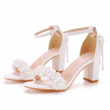 7 Cm Square With Thick Heel Shallow Mouth With Sandals Beaded Essee Flowers Wedding Dress Shooting High Heels Sandals HZ0115