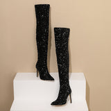 2025 New Sexy Nightclub Squin Side Zipper Fine Heel High Knee Boots Woman HZ0115