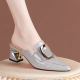 Metal Side Buckle Coarse Heel Baotou Cool Slippers Lady Wears Fashion Slippers Heel Sandals Half-Dragging Sandals HZ0115