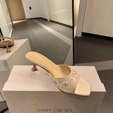 French Head With High Heels Petals Drill Satin Kitten And Cool Slippers Women Wear Outside HZ0115