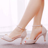 7 Cm Pearl Fish Mouth High Heel Sandals Shallow Buckle With Large-Size Round-Head High Heel White Ribbon Wedding Shoes HZ0115
