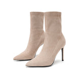 New Sense Of Apricot Pointed And Velvet Thin Boots Short Boots Korean Version Design Autumn And Winter High Hedging Socks Boots HZ0115