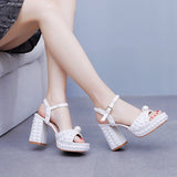 9 Cm Thick Heel Fish Mouth Waterproof Table Sandals Round Head Square Thick Heel Sandals White Pearl Wedding Shoes HZ0115