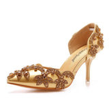 7 Cm Golden Water Diamond Wedding Shoes Fine Heel Pointed Sandals Hollow Two-Siped Sandals Banquet Crystal Wedding HZ0115